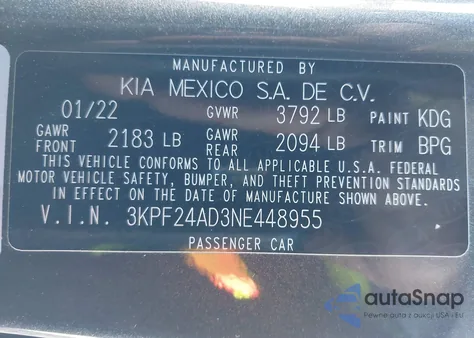 2022 Kia Forte Lxs z USA, uszkodzony, nr VIN 3KPF24AD3NE448955